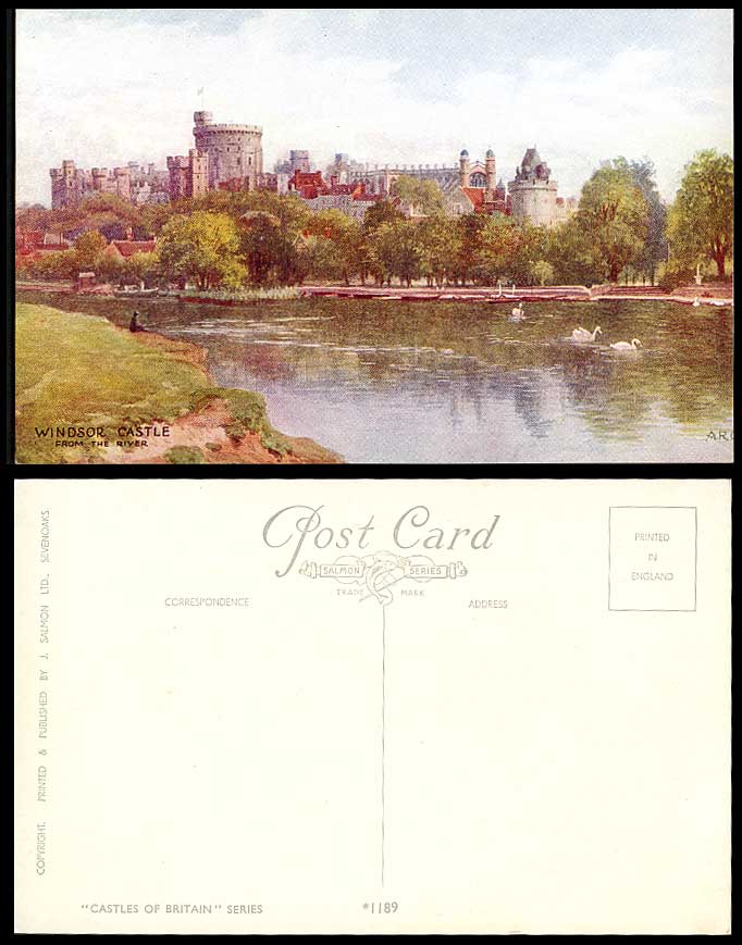 AR Quinton Windsor Castle from River Swans Bird Angler Fishing Old Postcard 1189