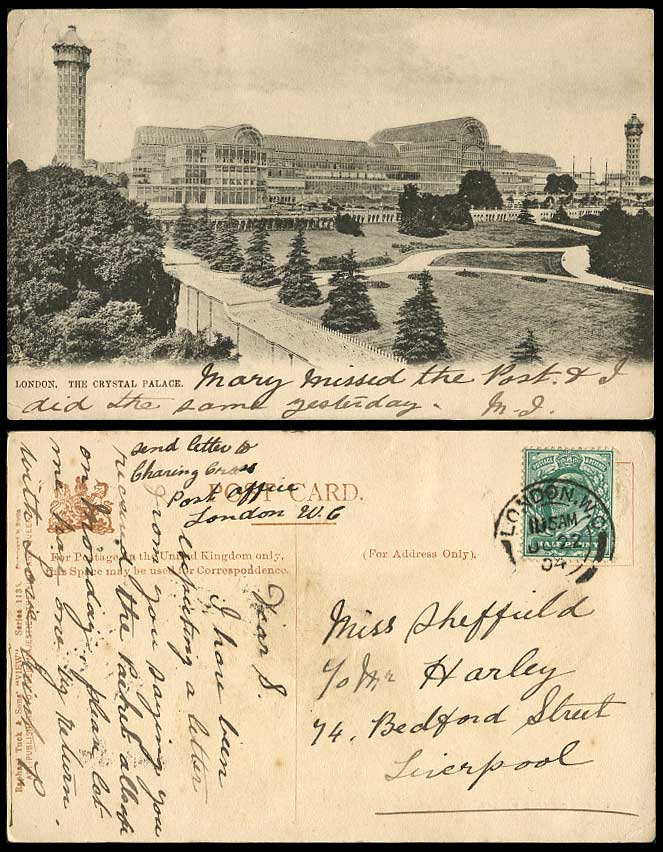 London 1904 Old Tuck's Postcard THE CRYSTAL PALACE Designed by Sir Joseph Paxton