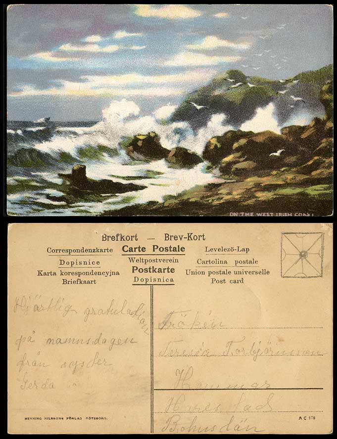 Ireland, Storm Waves Rough Sea On The West Irish Coast Old Artist Drawn Postcard
