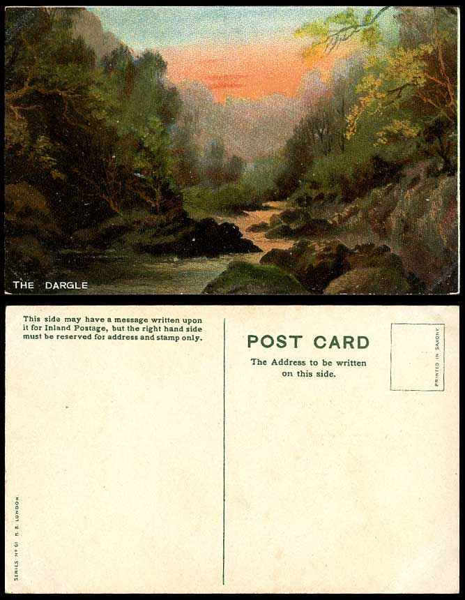 Ireland THE DARGLE Co Wicklow River Scene Rocks Sunset Artist Drawn Old Postcard
