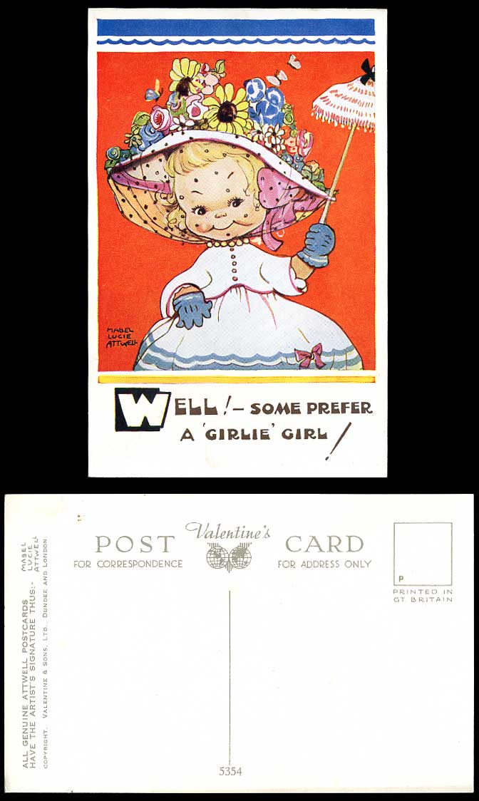 MABEL LUCIE ATTWELL Old Postcard Well Some Prefer a Girlie Girl 5354 Fashion Hat