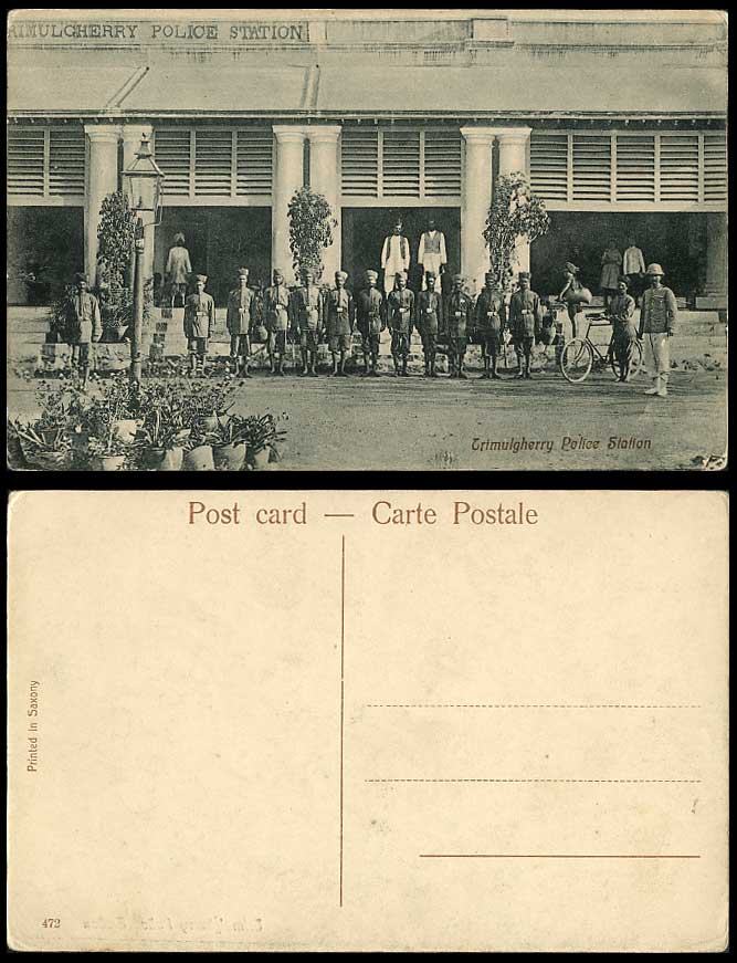 India Old Postcard BICYCLE, Trimulgherry Police Station, Native Indian Policemen
