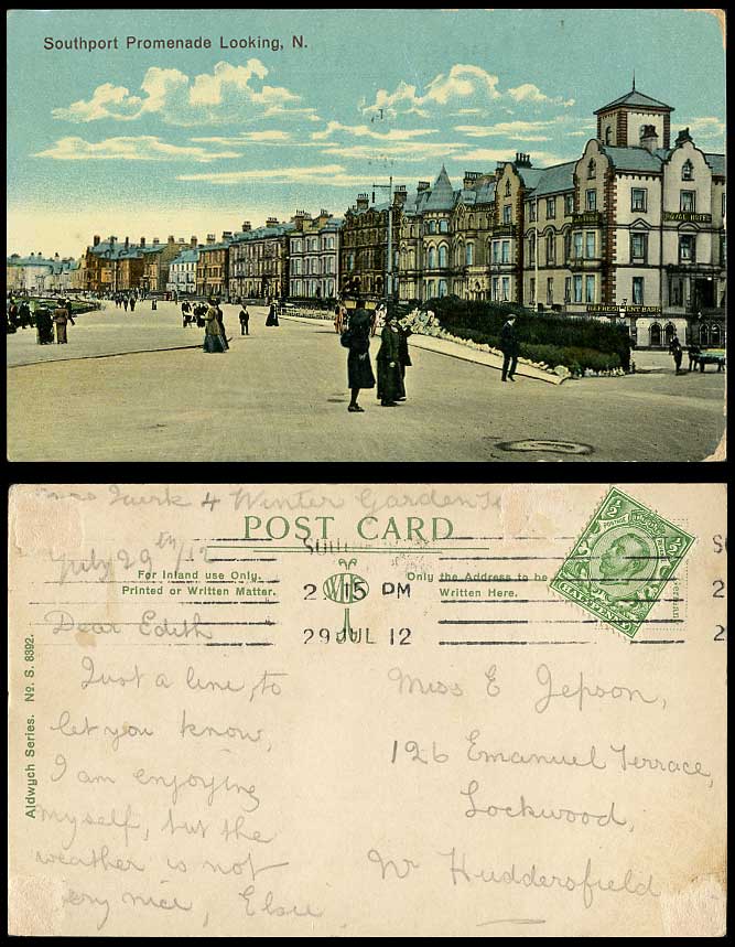 Southport Promenade Looking N. North Street Scene, Royal Hotel 1912 Old Postcard