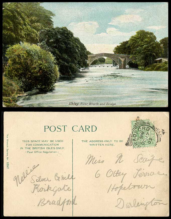 ILKLEY 1905 Old Colour Postcard River Wharfe and Bridge River Scene Yorkshire