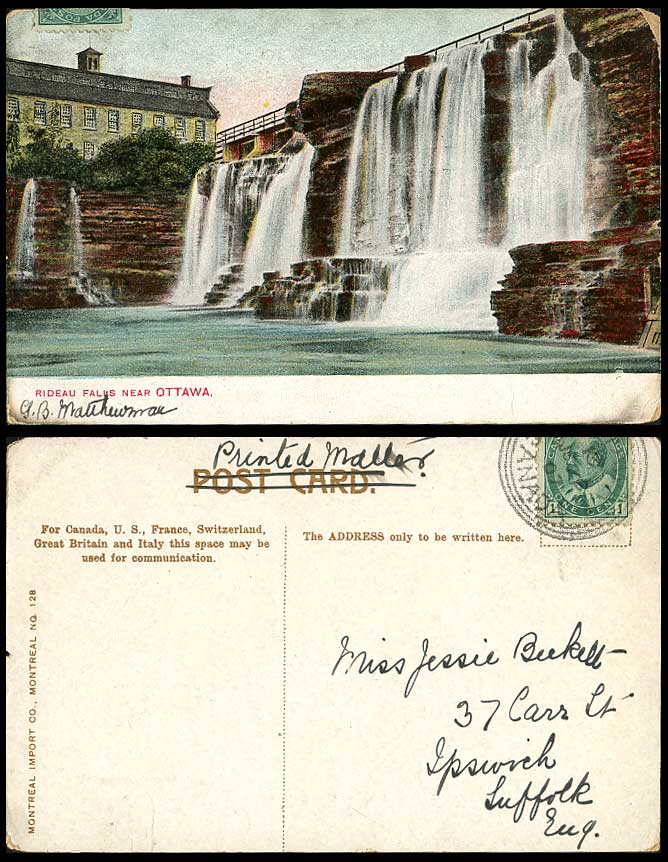 Canada 1907 Old Colour Postcard Rideau Falls near Ottawa, Ontario, Waterfalls