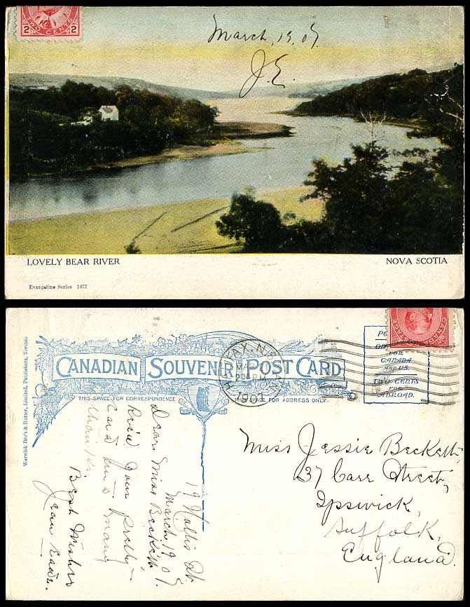Canada 1901 Old Color Postcard Lovely Bear River Scene Panorama N.S. Nova Scotia