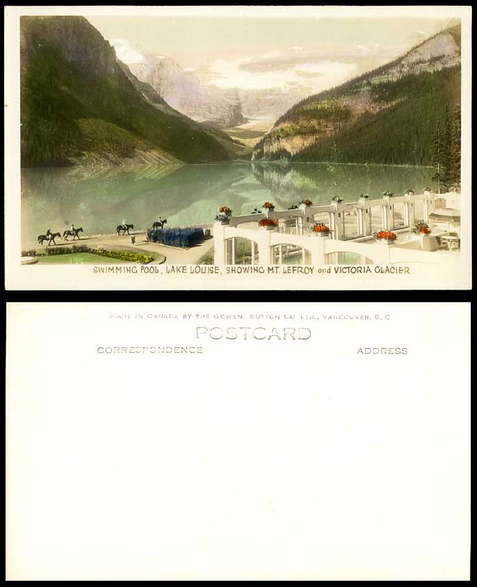 Canada Old Postcard Swimming Pool Lake Louise Mt Lefroy Victoria Glacier, Horses