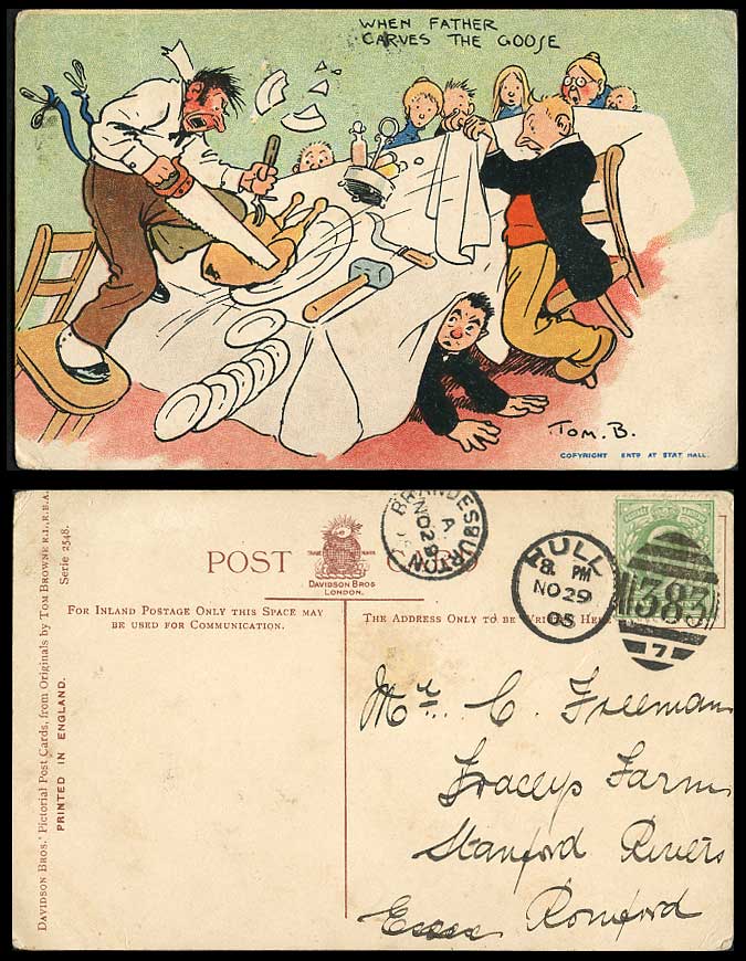 TOM. B. BROWNE 1905 Old Postcard When Father Carves The GOOSE, Saw, Dining Table