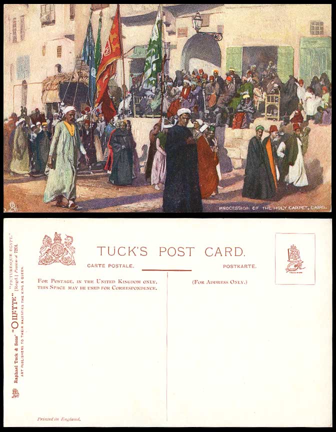 Egypt Old Tuck's Oilette Postcard Cairo Procession of Holy Carpet on Street Flag
