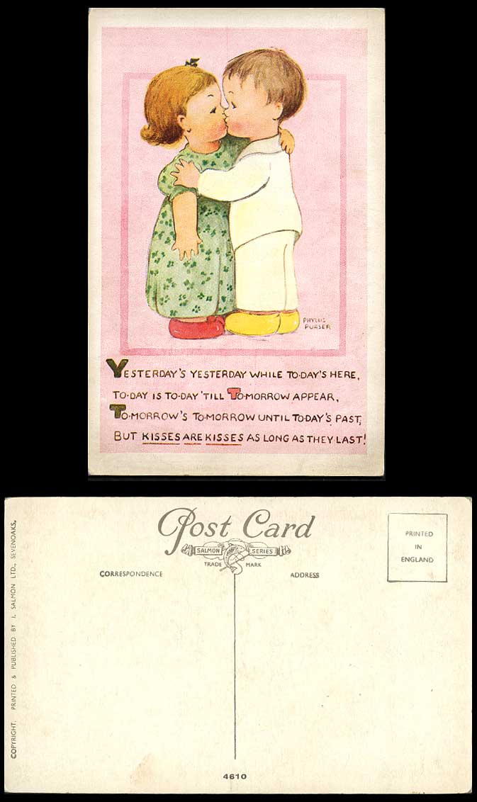 Phyllis Purser Old Postcard Girl Boy Kiss Kisses are Kisses as long as they last