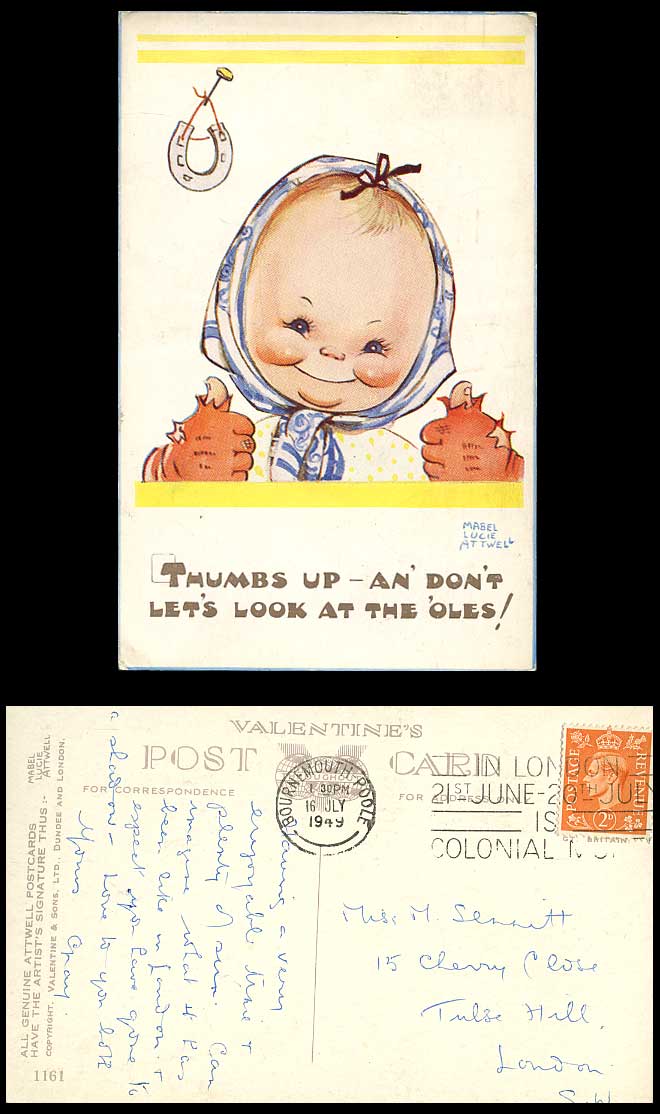 MABEL LUCIE ATTWELL 1949 Old Postcard Thumbs Up & Horseshoe 1161, Colonial Month