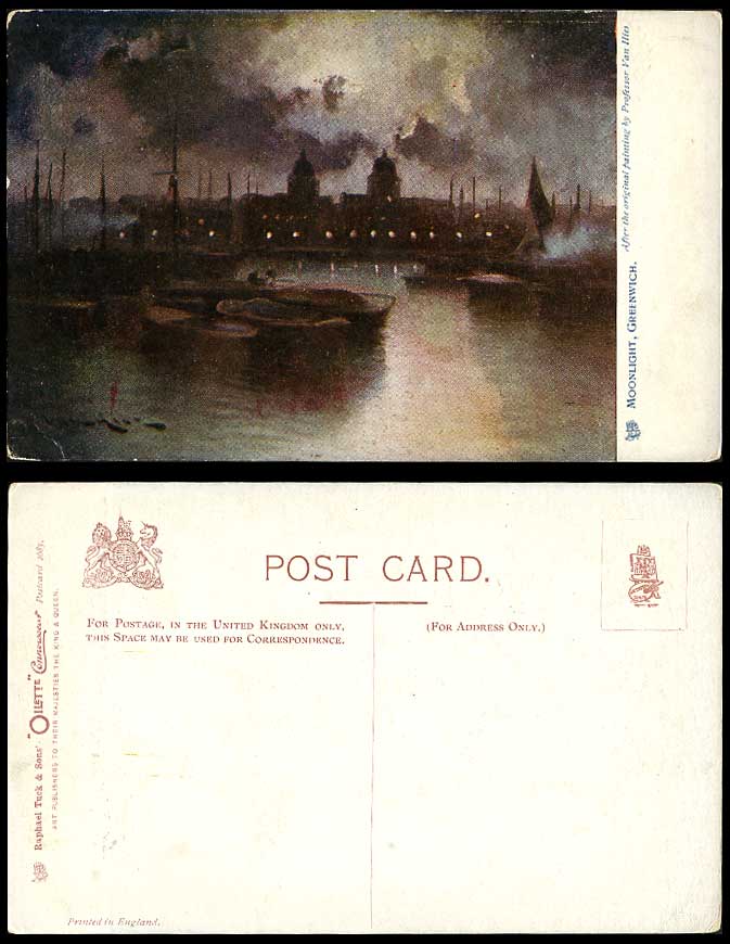 London Old Tuck's Oilette Postcard Greenwich Moonlight by Professor Van Hier ART