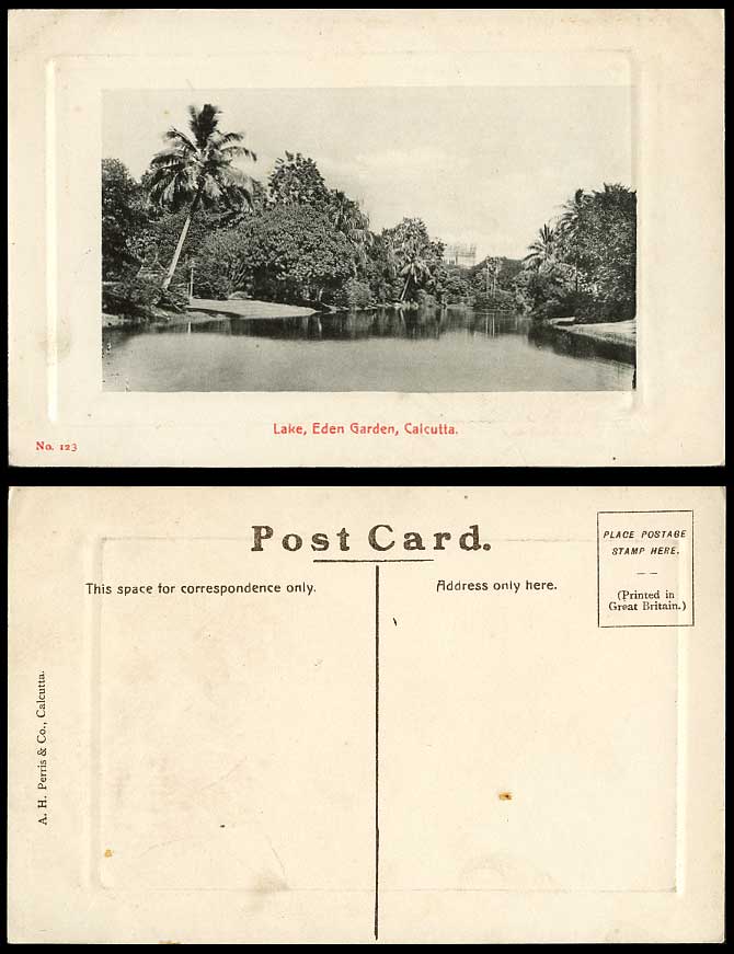 India Old Embossed Postcard Lake Eden Gardens Calcutta Palm Trees Garden No. 123