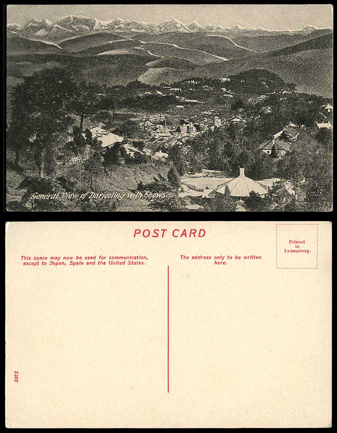 India Old Postcard General View of Darjeeling with Snow Snowy Mountains Panorama