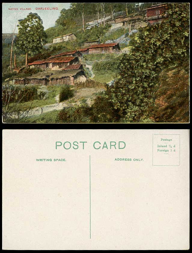 India Old Colour Postcard Darjeeling Native Village Huts Houses on Hill Panorama