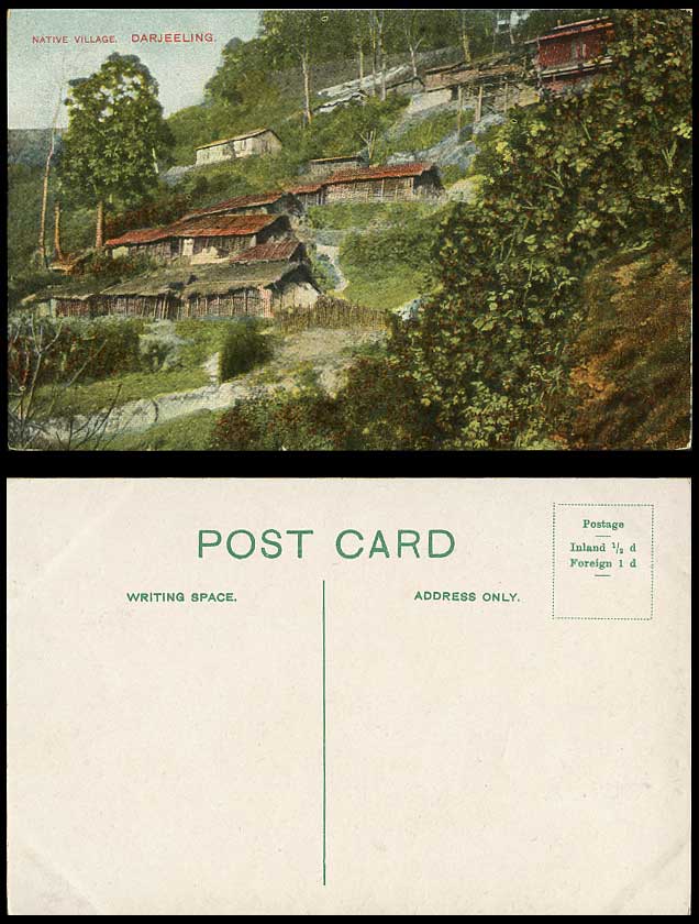 India Old Colour Postcard Darjeeling Native Village Huts Houses on Hill Mountain