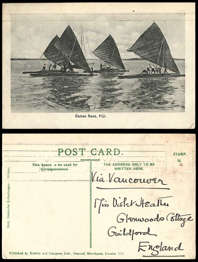 Fiji Old Postcard Canoe Race, Native Canoes Fijian Sailing Boats, Sports, Ethnic