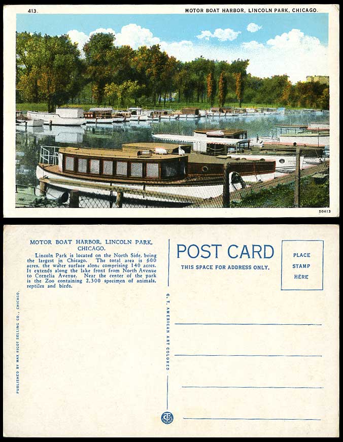 USA Old Colour Postcard Motor Boat Harbor Harbour Lincoln Park Chicago Boats 413
