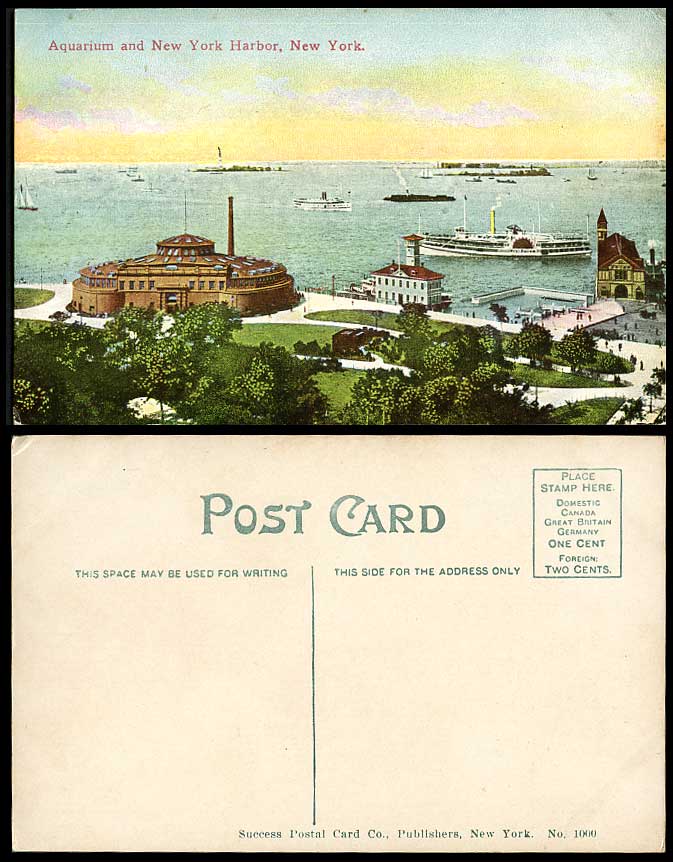 USA Old Postcard Aquarium & New York Harbour Ships Paddle Steamer Boats Panorama