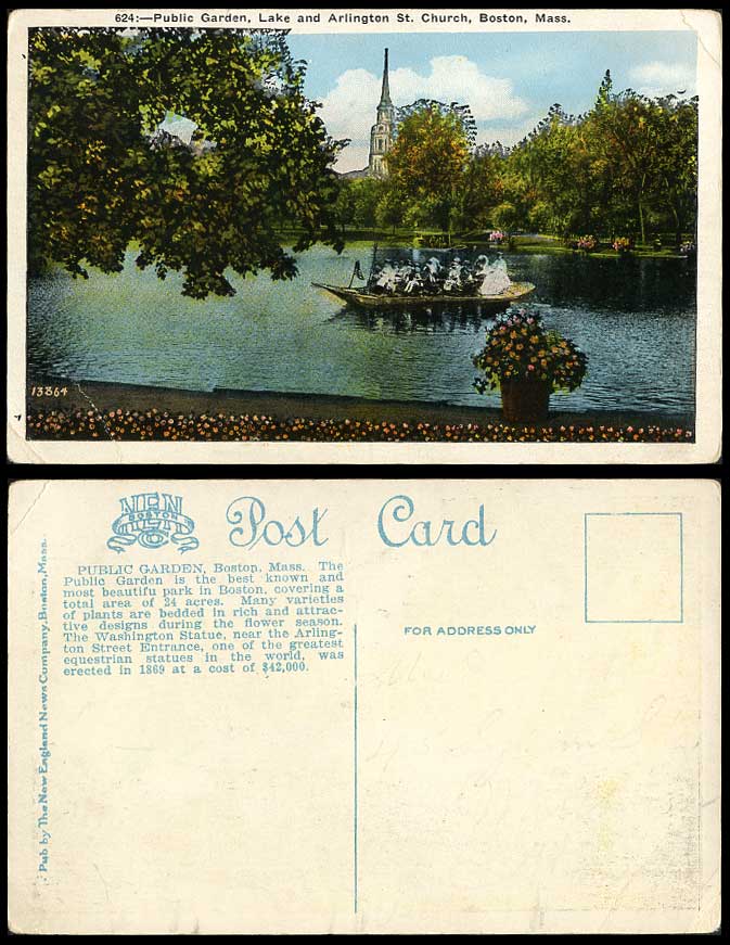USA Old Postcard Public Garden, Lake & Arlington St. Church Boston Massachusetts