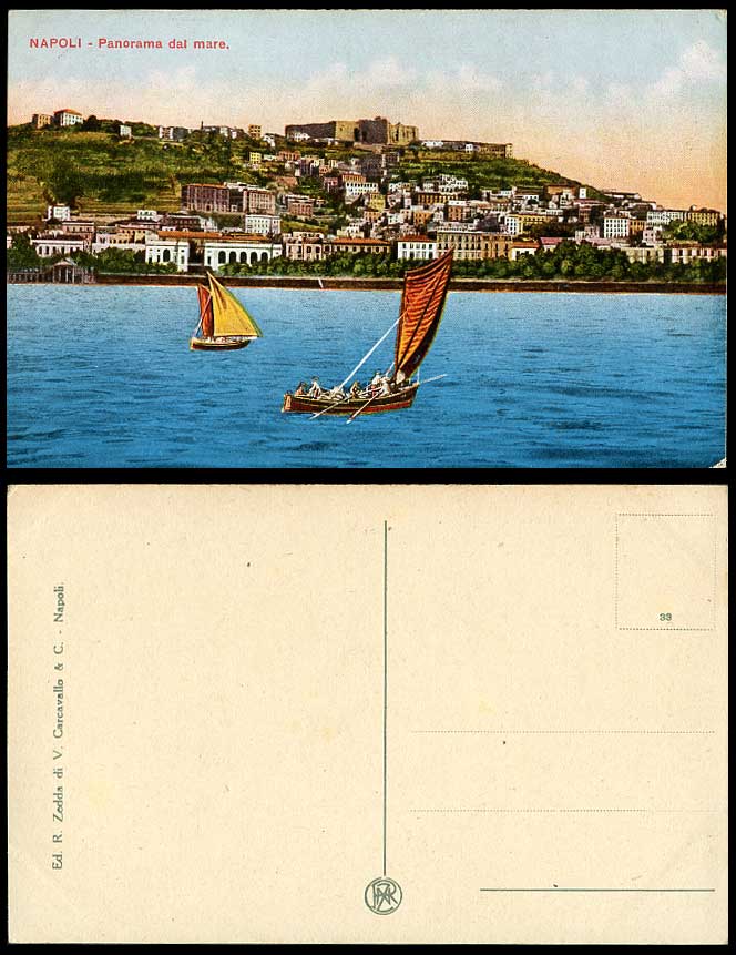 Italy Old Postcard Napoli Panorama dal Mare, Naples View from Sea, Sailing Boats