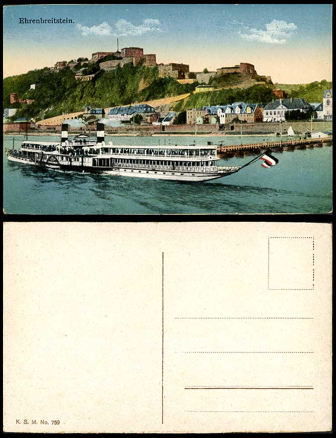 Germany Old Colour Postcard EHRENBREITSTEIN Paddle Steamer Steam Ship Flag Hills