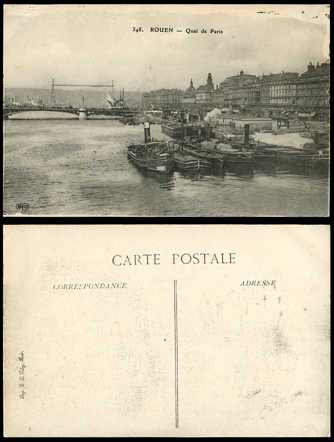 France Old Postcard ROUEN Quai de Paris BRIDGE Quay Boats Harbour Panorama
