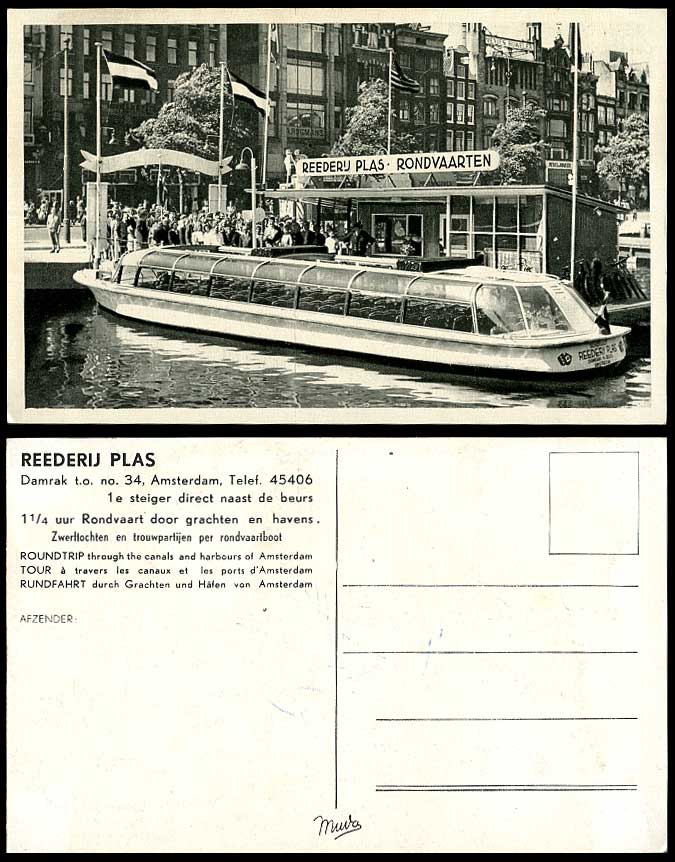 Holland Amsterdam Old Postcard Reederij Plas Rondvaarten, Sightseeing Boat, Quay