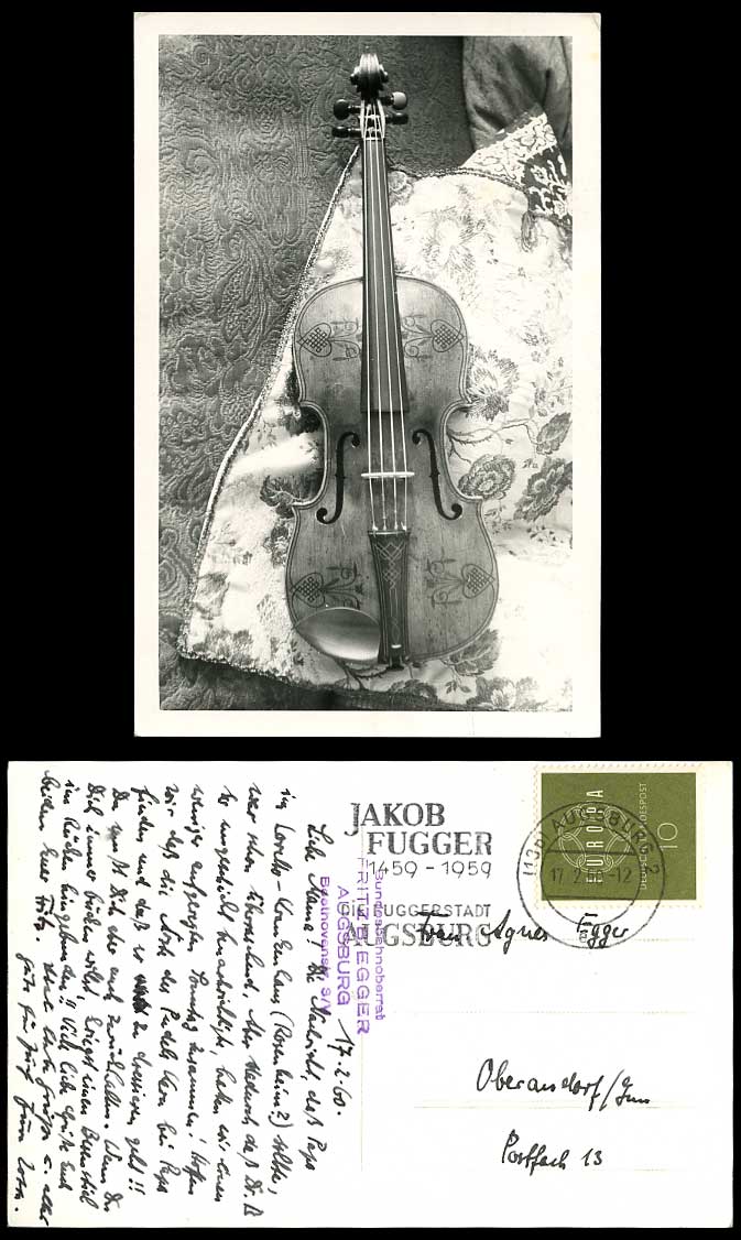 Violin Musical Instrument Jakob Fugger 1459-1959 Augsburg 1960 Old R.P. Postcard