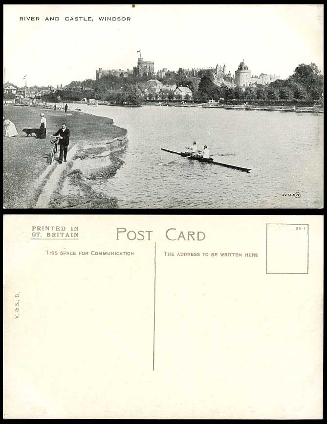 Windsor Castle River, Man with Bicycle Lady with Dog Canoeing Canoe Old Postcard