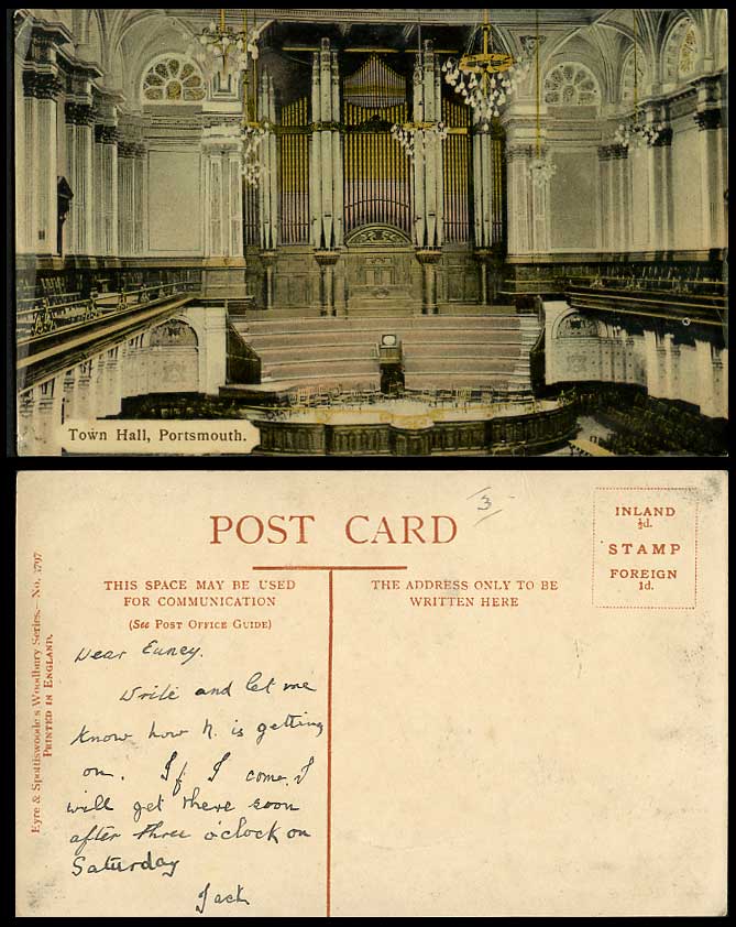 Portsmouth TOWN HALL Interior, Pipe Organs Organ, Hampshire Old Colour Postcard
