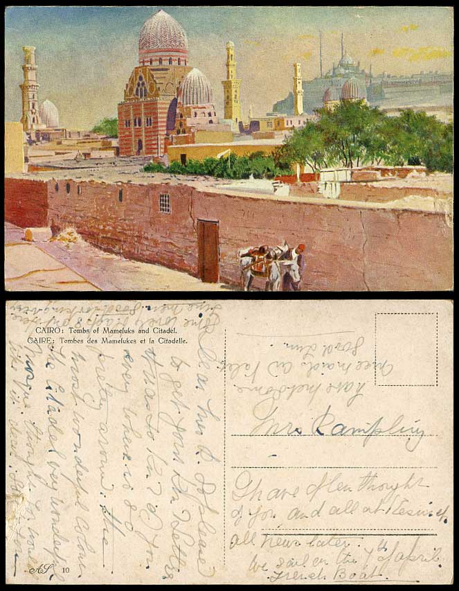 Egypt Old Artist Drawn Postcard Cairo Tombs of Mameluks Citadel Citadelle Donkey