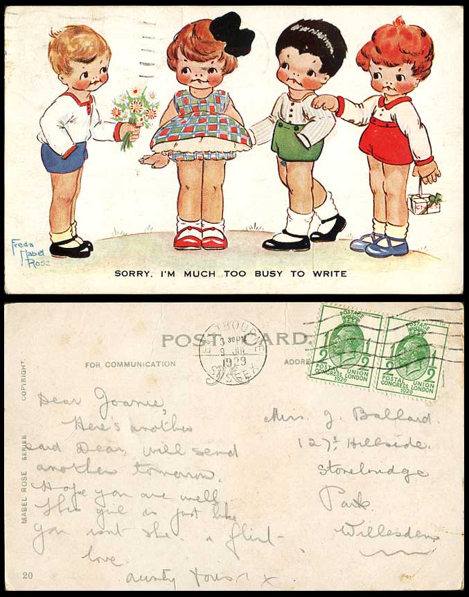 Freda Mabel Rose Artist Signed 1929 Old Postcard Sorry Im Much Too Busy to Write