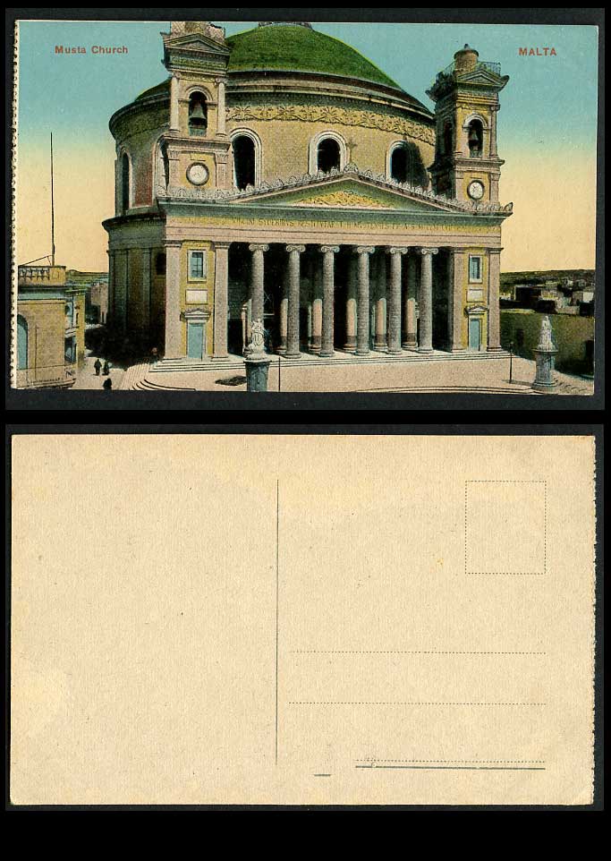 Malta Old Maltese Colour Postcard MUSTA CHURCH Dome Dom Cathedral Statues Street