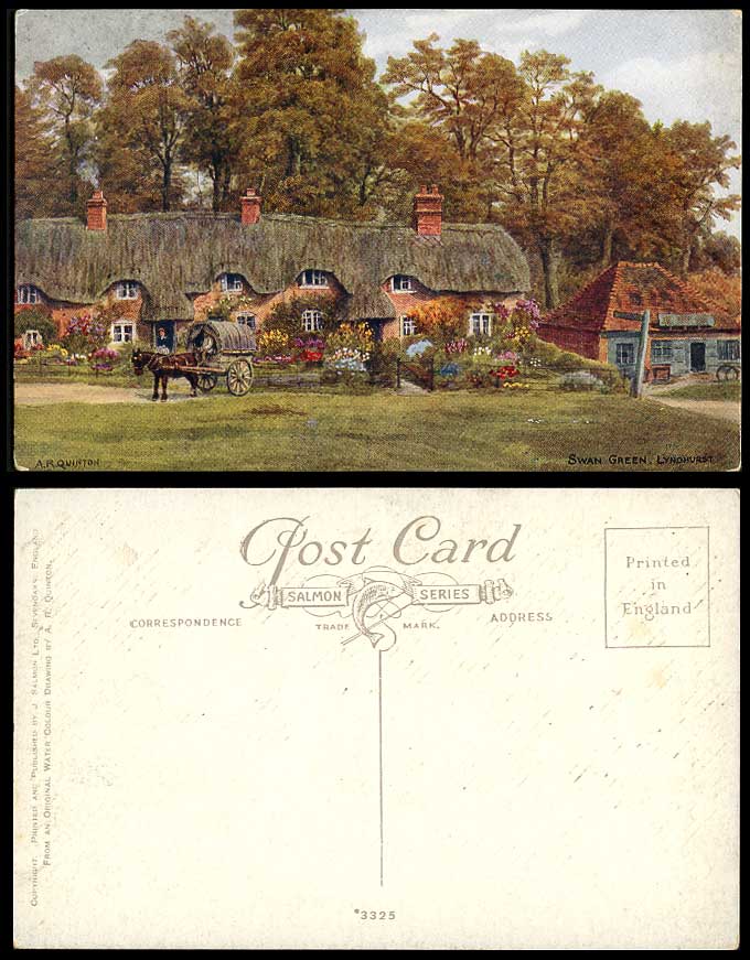 A.R. Quinton Old Postcard SWAN GREEN LYNDHURST, Cottage Horse Cart Hampshire ART
