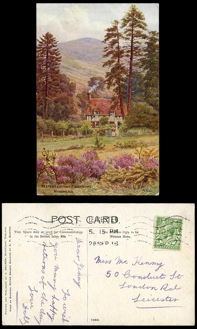 A.R. Quinton 1916 Old Postcard Keeper's Cottage Punchbowl HINDHEAD Cottage 1065.