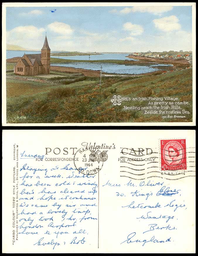 Northern Ireland Irish Fishing Village, Bangor Postmark 1964 Old Postcard Church