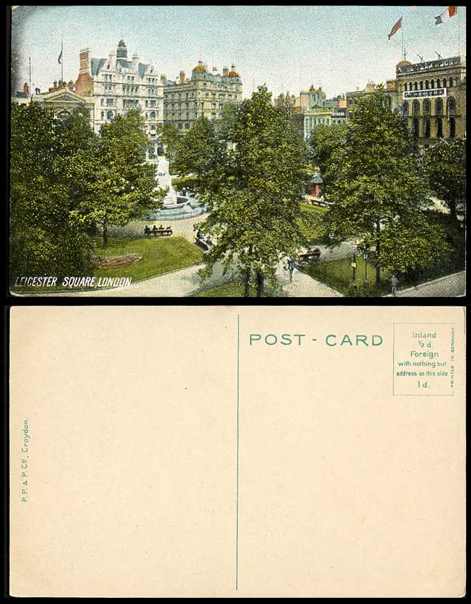 London Old Colour Postcard LEICESTER SQUARE Fountain Garden Flags P.P. & P Co.