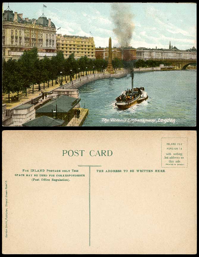 London Old Colour Postcard VICTORIA EMBANKMENT Cleopatra Needle Paddle Steamboat