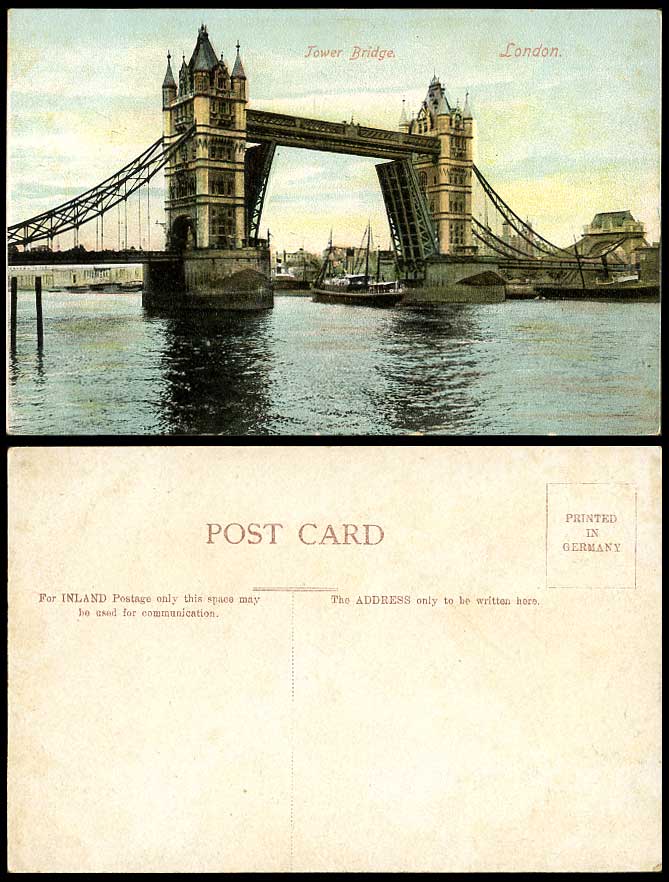 London Old Postcard TOWER BRIDGE OPEN Ferryboat Ship Boat Passing Thames River