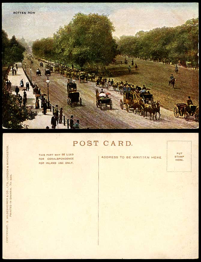 London Old Colour Postcard Hyde Park ROTTEN ROW Horse Drawn Carriages Carts Lady