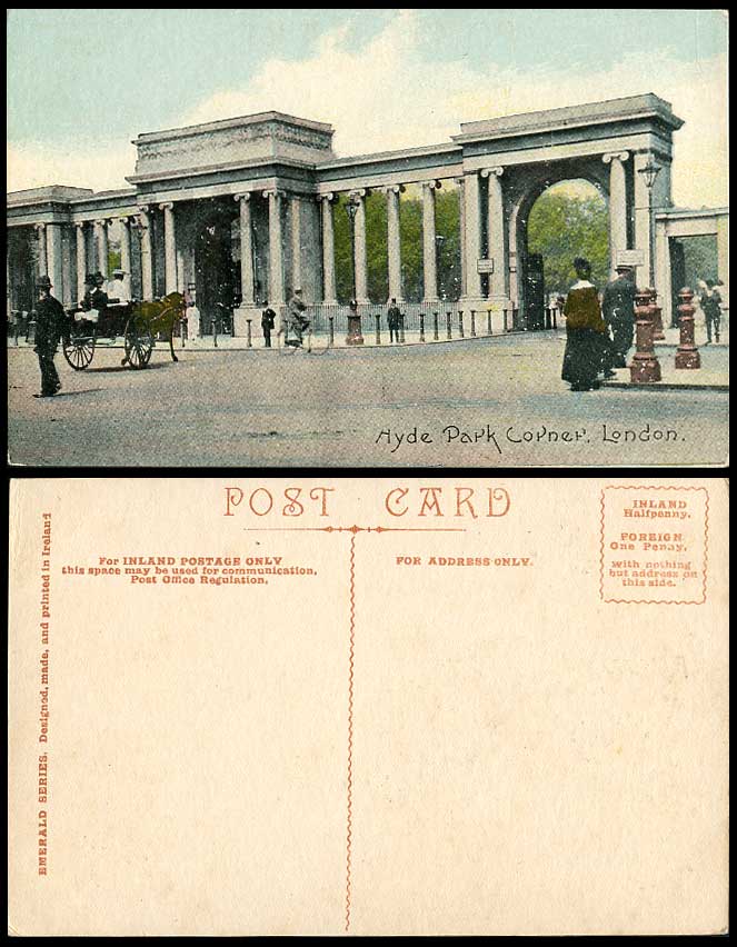 London Old Colour Postcard HYDE PARK CORNER, Cyclist Bicycle, Horse Street Scene