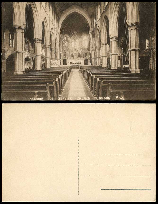 London Old Postcard Interior of Servite Church, London S.W. Stained Glass Window