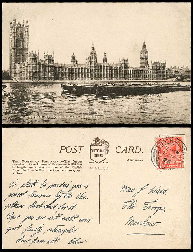 London 1926 Old Postcard HOUSES OF PARLIAMENT, Big Ben CLOCK TOWER, Boats Thames