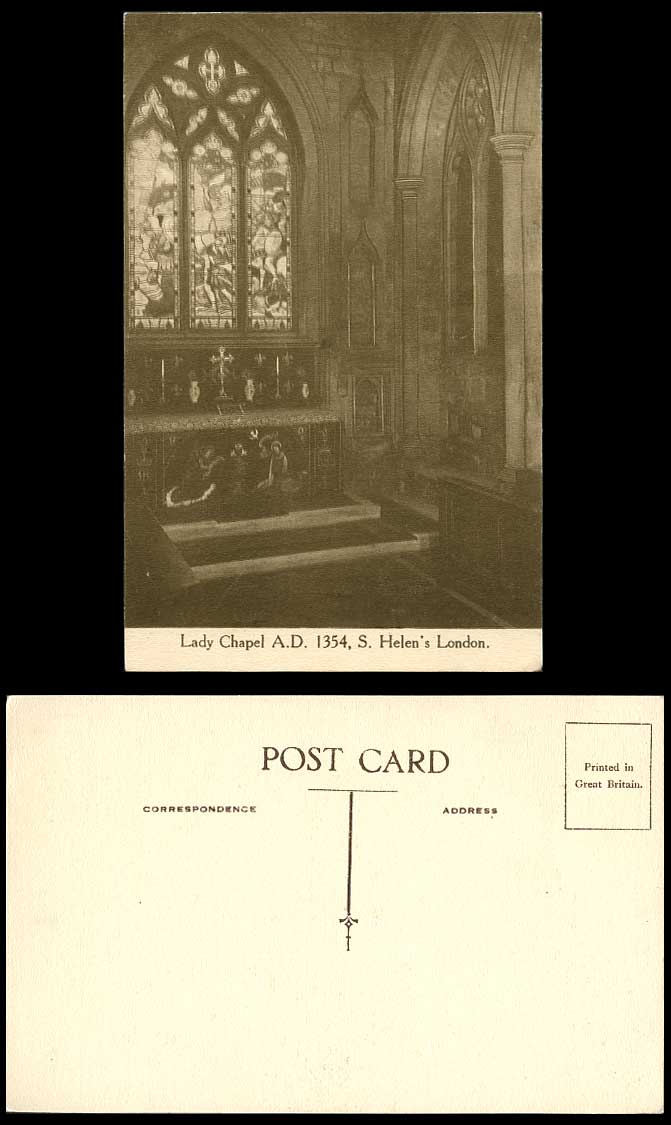 London Old Postcard S. Helen's Church Lady Chapel A.D. 1354 Stained Glass Window