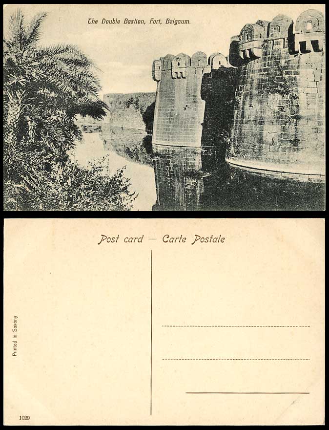 India Old Postcard The Double Bastion Fort BELGAUM Fortress Moat River Palm Tree
