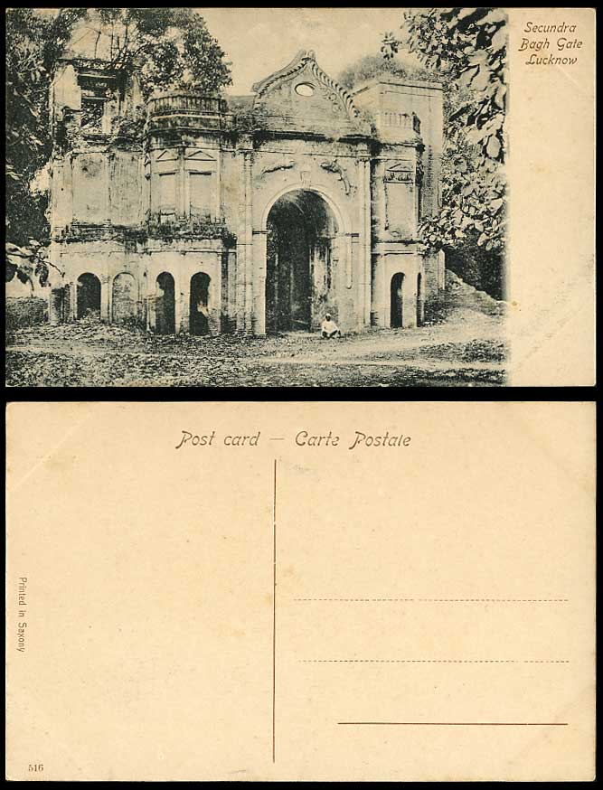India Old Postcard Secundra Bagh Gate Gateway Lucknow, Native Man Sitting, Ruins