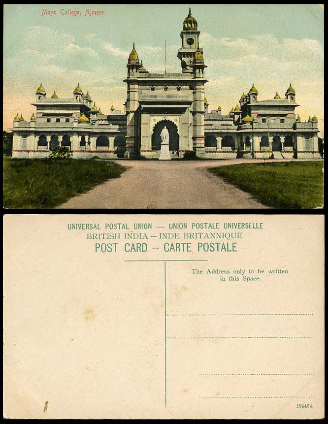 India Old Color Postcard MAYO COLLEGE AJMERE School Earl of Mayo Statue Memorial