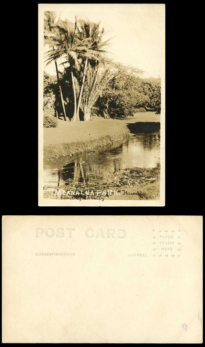 USA Hawaii Old Real Photo Postcard Moanalua Park Honolulu Palm Trees River Scene