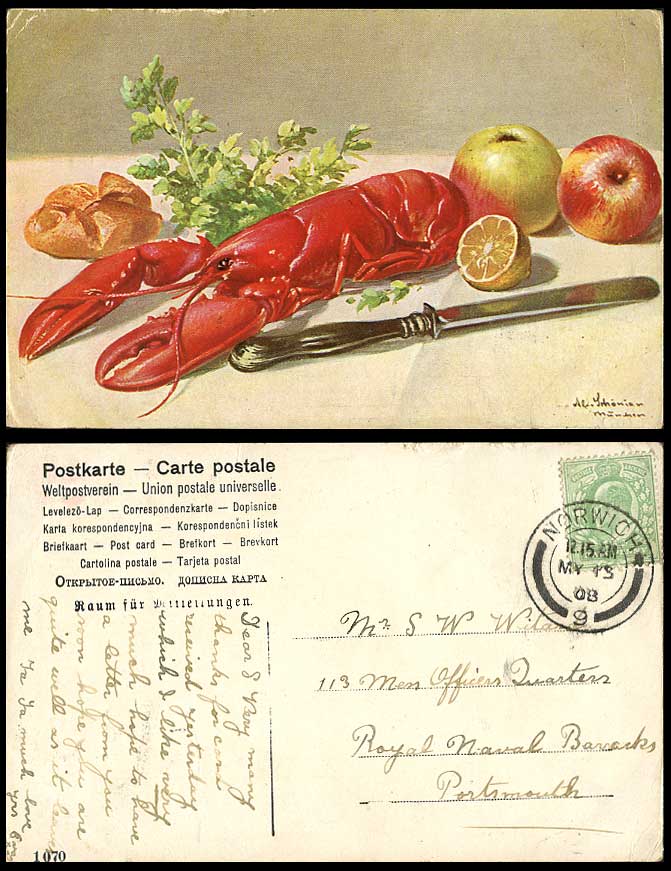 Lobster Apples Lemon Knife Bread Herbs Artist Signed 1908 Old Colour Postcard